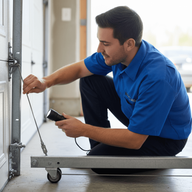 Certified garage door opener and motor specialist installing smart belt-driven opener system in Johns Creek GA